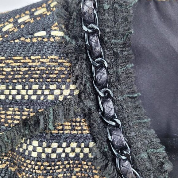 Chico's Boucle Tweed Blazer Size 1 M Black Gold Metallic Striped Chain Trim - Picture 4 of 12